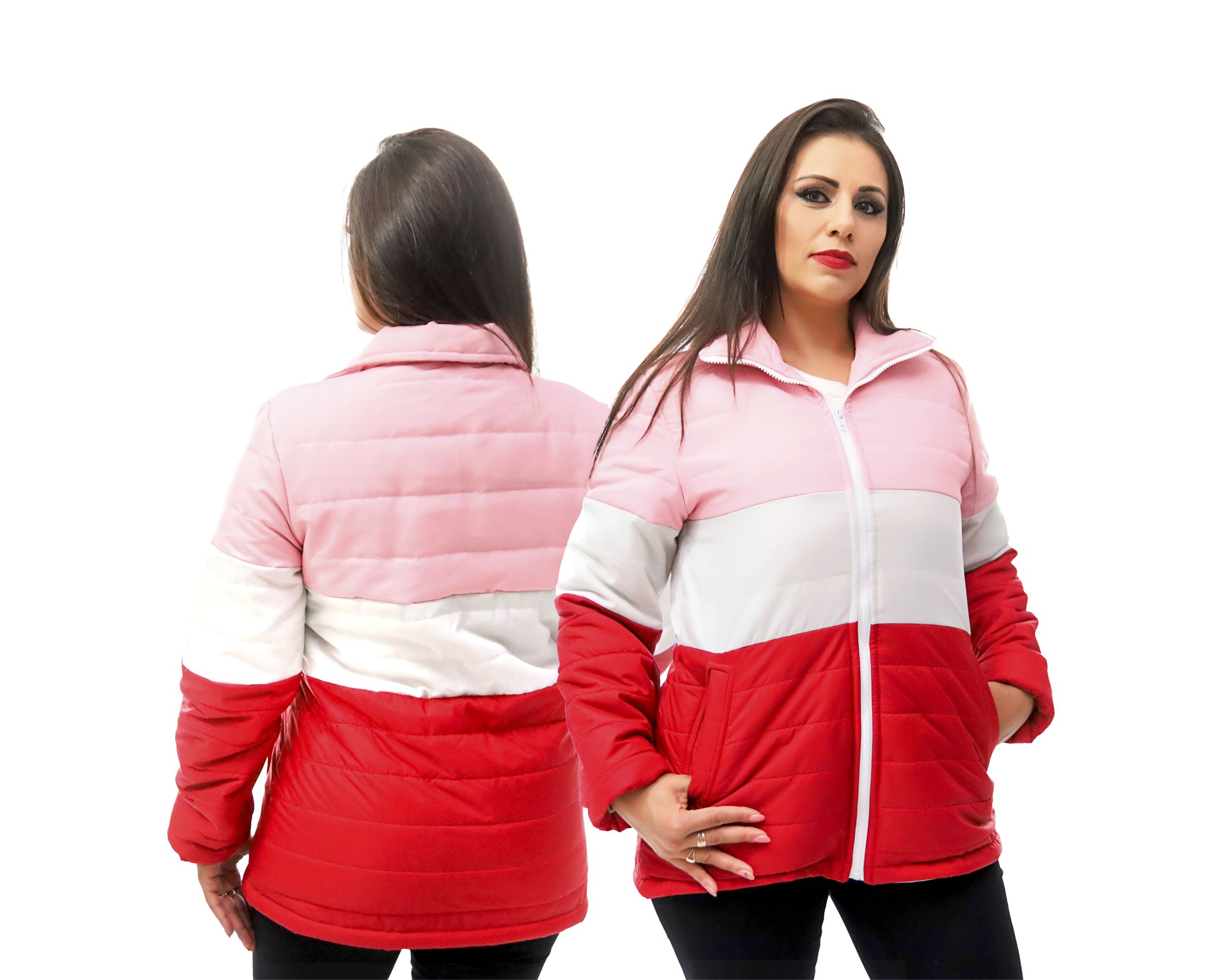 Jaquetas acolchoadas em vermelho, branco e rosa